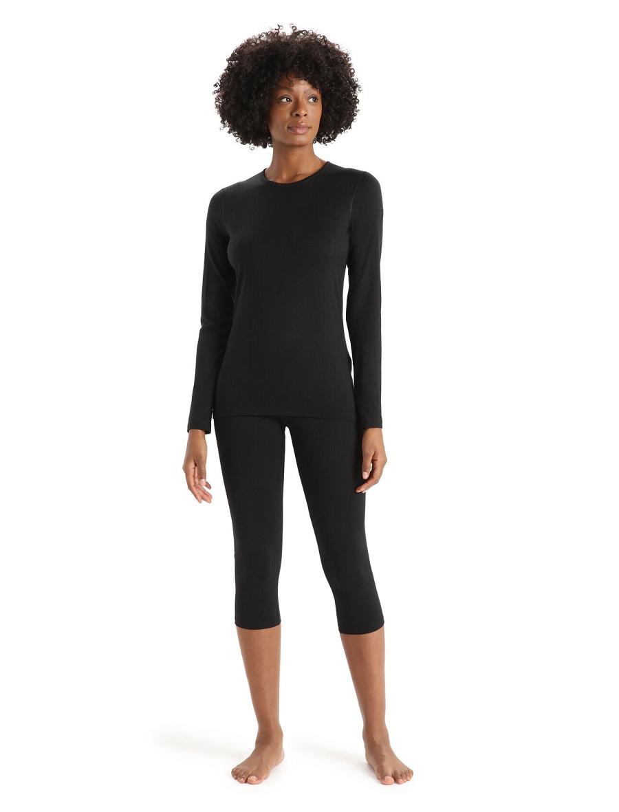 Women's Icebreaker Merino 200 Oasis Long Sleeve Crewe Thermal Top Base Layers Black | CA 1016FDNM